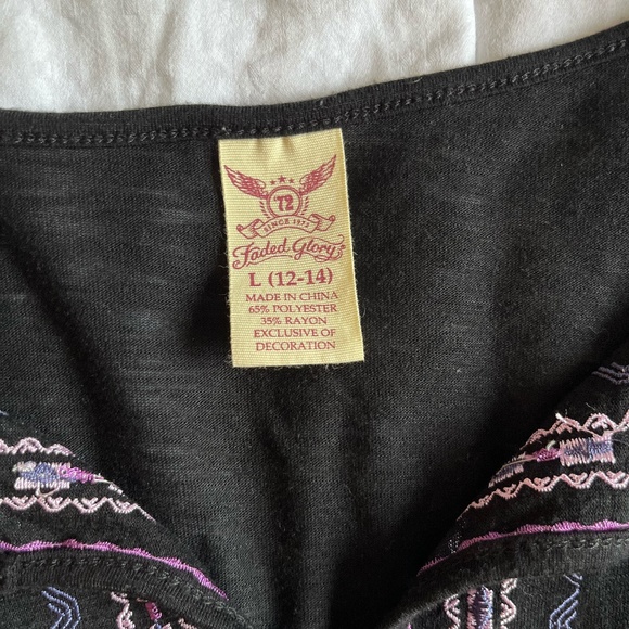 Faded Glory Black Long Sleeved Top Woven Pattern V-Neck With Tie Strings, L - Picture 8 of 12